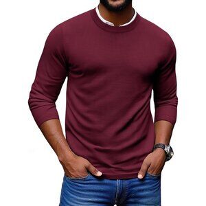 Coofandy Men Wine Red Crew Neck Pullover Long Sleeve Lightweight Dress Sweater